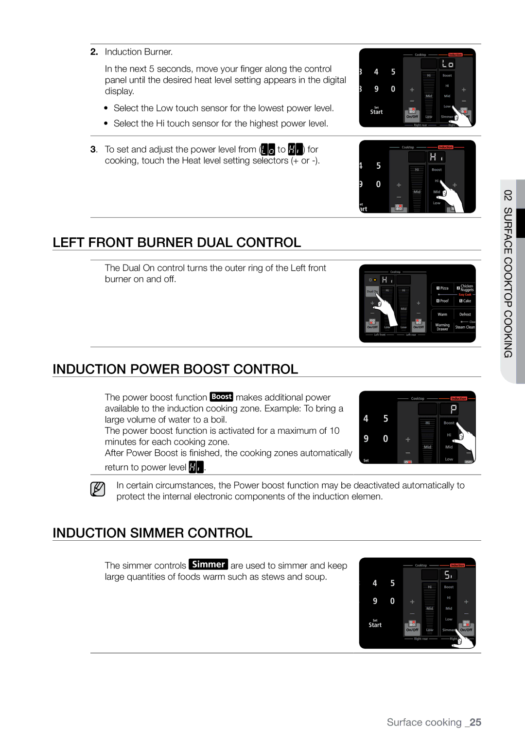 Samsung FE-N300** user manual Left front burner dual control, Induction power boost control, Induction simmer control 