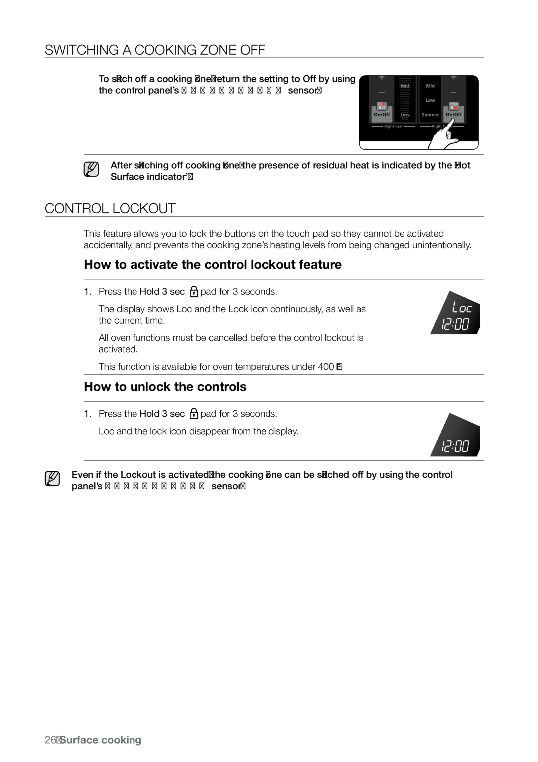 Samsung FE-N300** user manual Switching a cooking zone off, Control lockout, How to activate the control lockout feature 