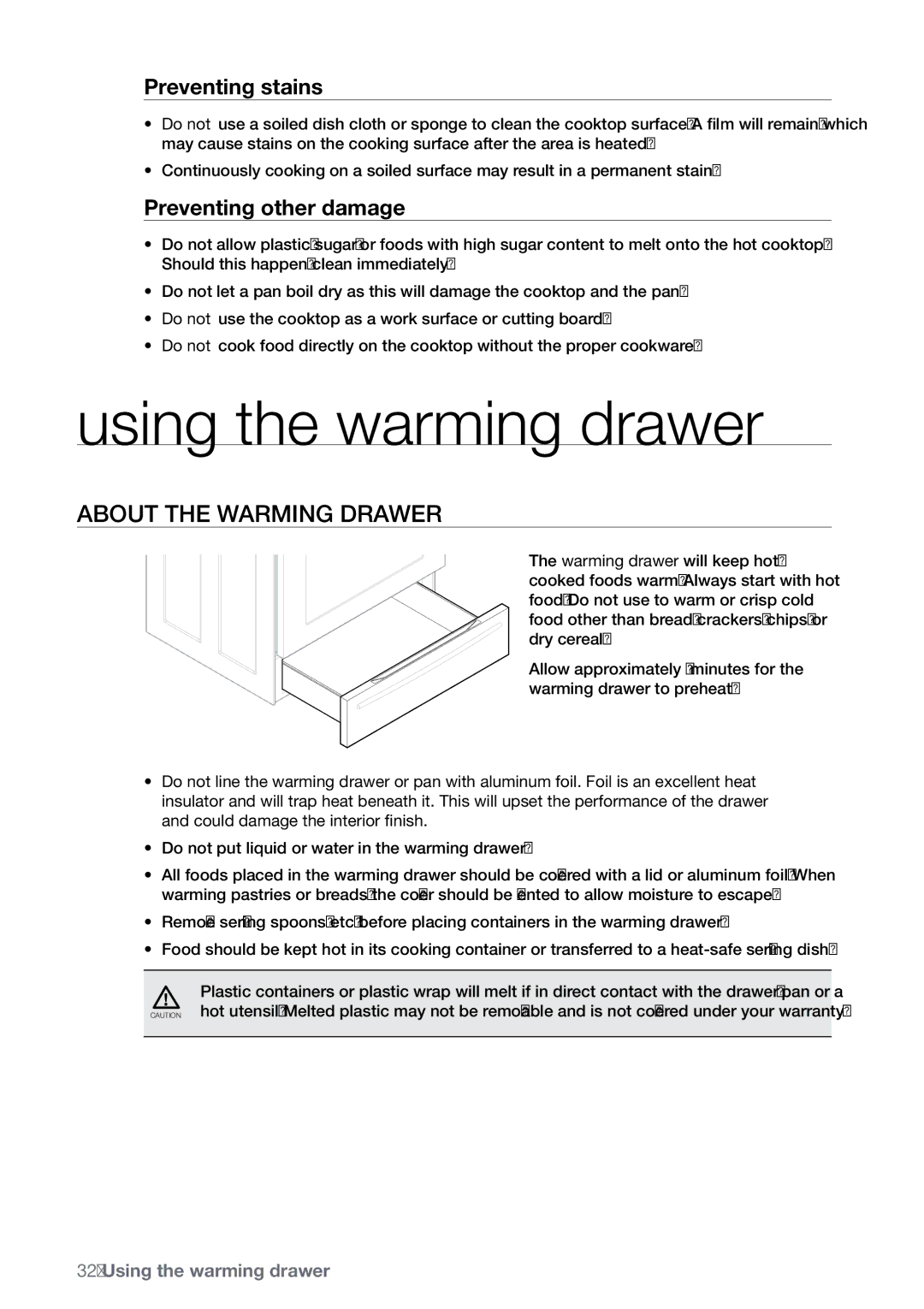 Samsung FE-N300** Using the warming drawer, About the warming drawer, Preventing stains, Preventing other damage 