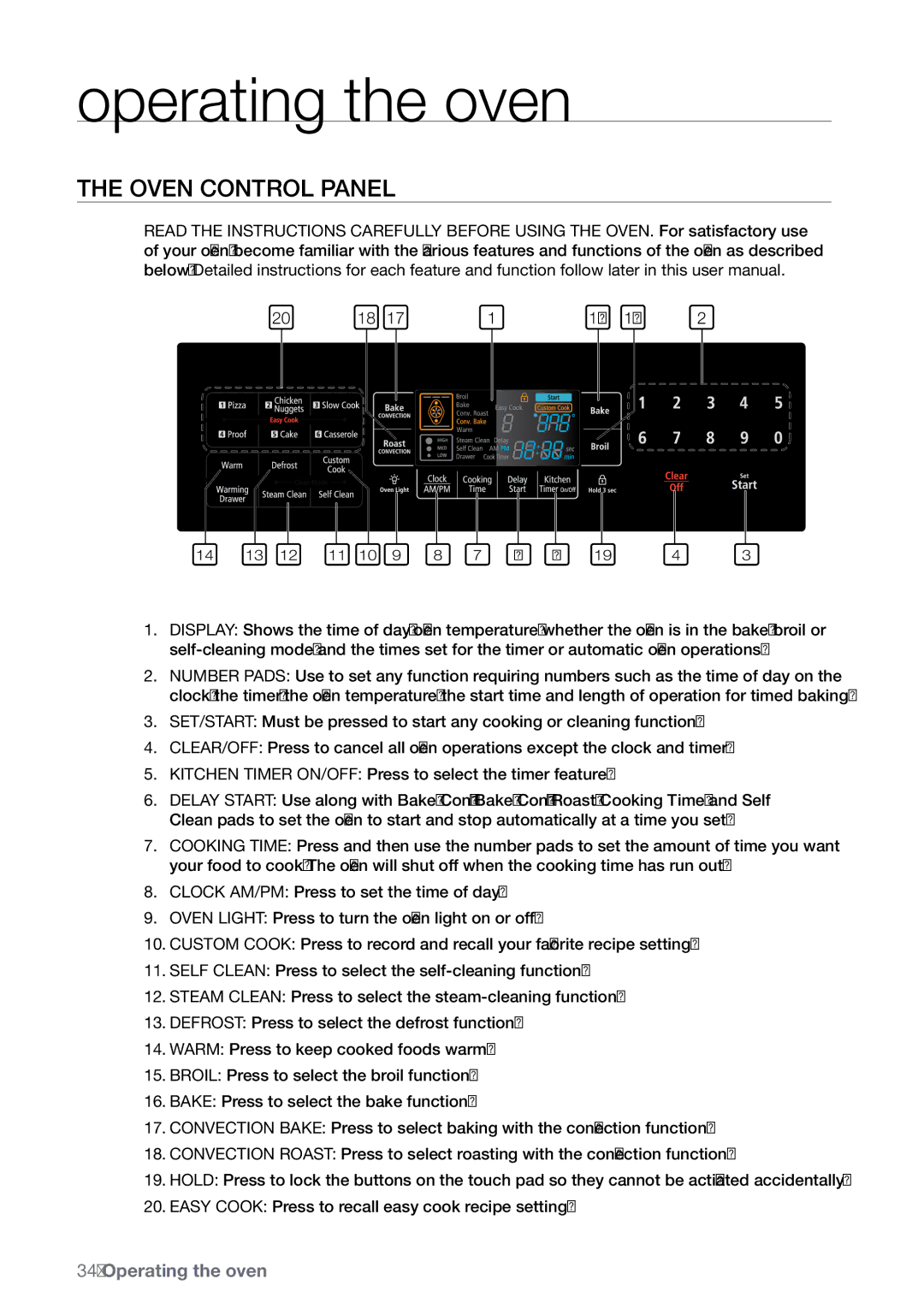 Samsung FE-N300** user manual Operating the oven, Oven control panel 