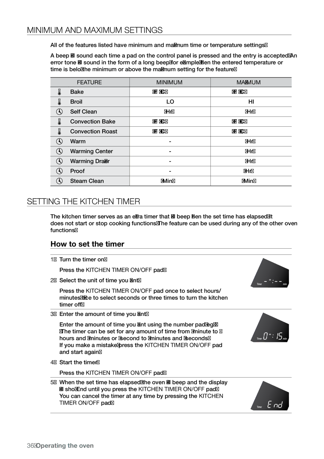 Samsung FE-N300** Minimum and maximum settings, Setting the kitchen timer, How to set the timer, Feature Minimum Maximum 