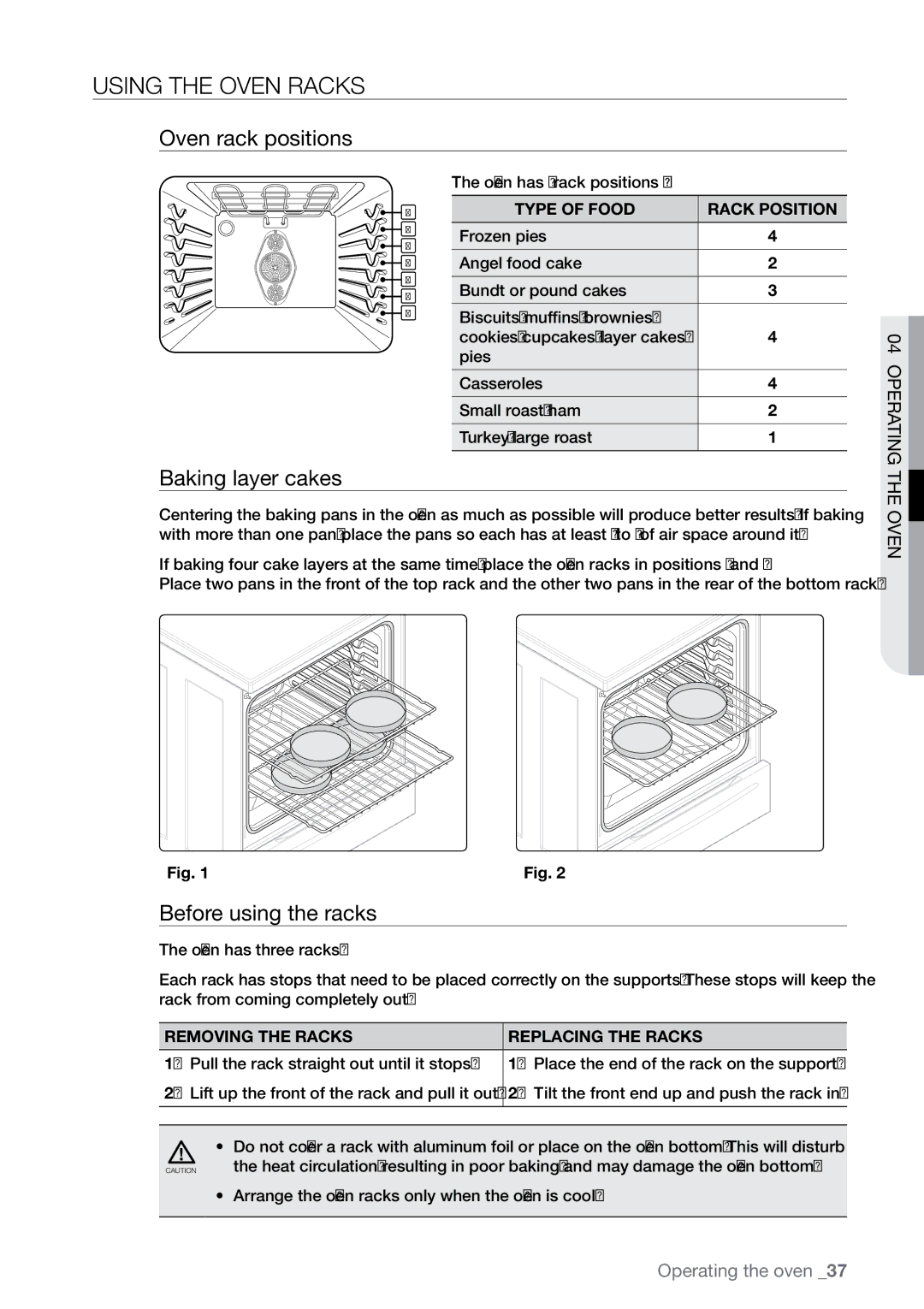 Samsung FE-N300** user manual Using the oven racks, Oven rack positions, Baking layer cakes, Before using the racks 