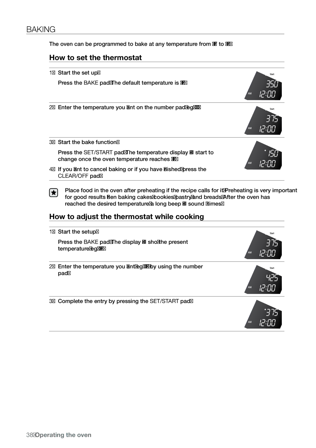 Samsung FE-N300** user manual Baking, How to set the thermostat, How to adjust the thermostat while cooking 