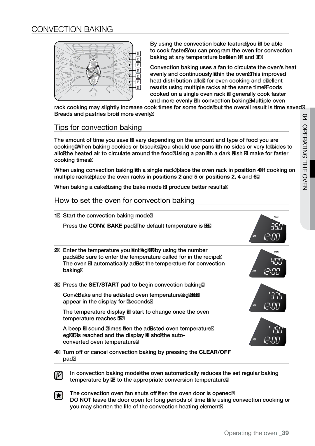 Samsung FE-N300** user manual Convection baking, Tips for convection baking, How to set the oven for convection baking 