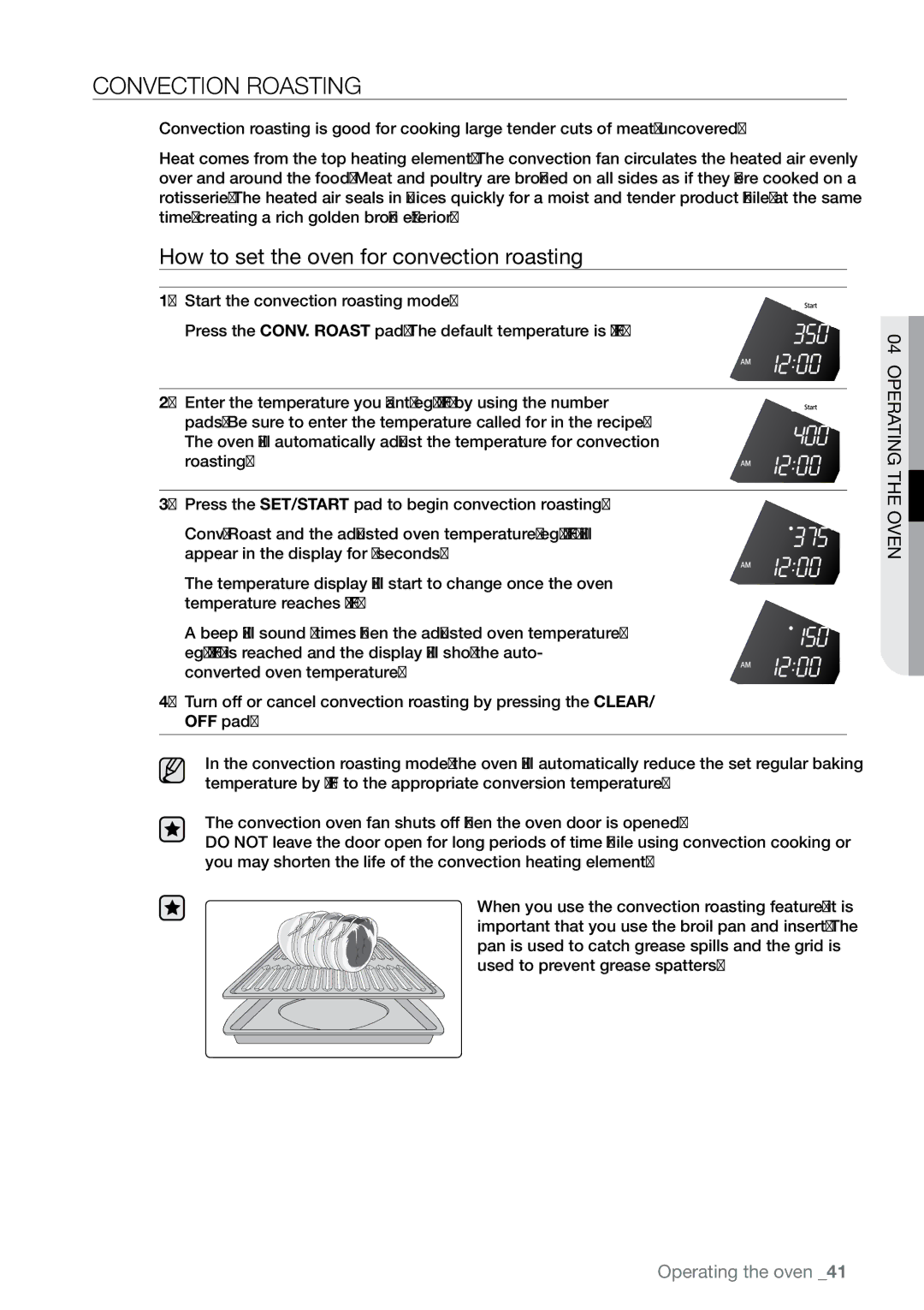 Samsung FE-N300** user manual Convection roasting, How to set the oven for convection roasting 