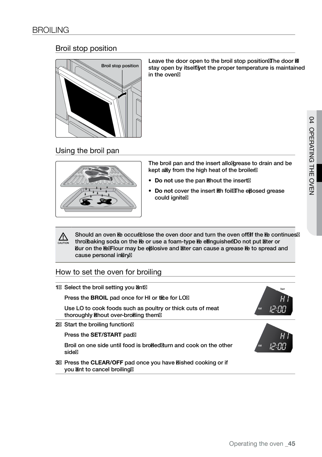 Samsung FE-N300** user manual Broiling, Broil stop position, Using the broil pan, How to set the oven for broiling 