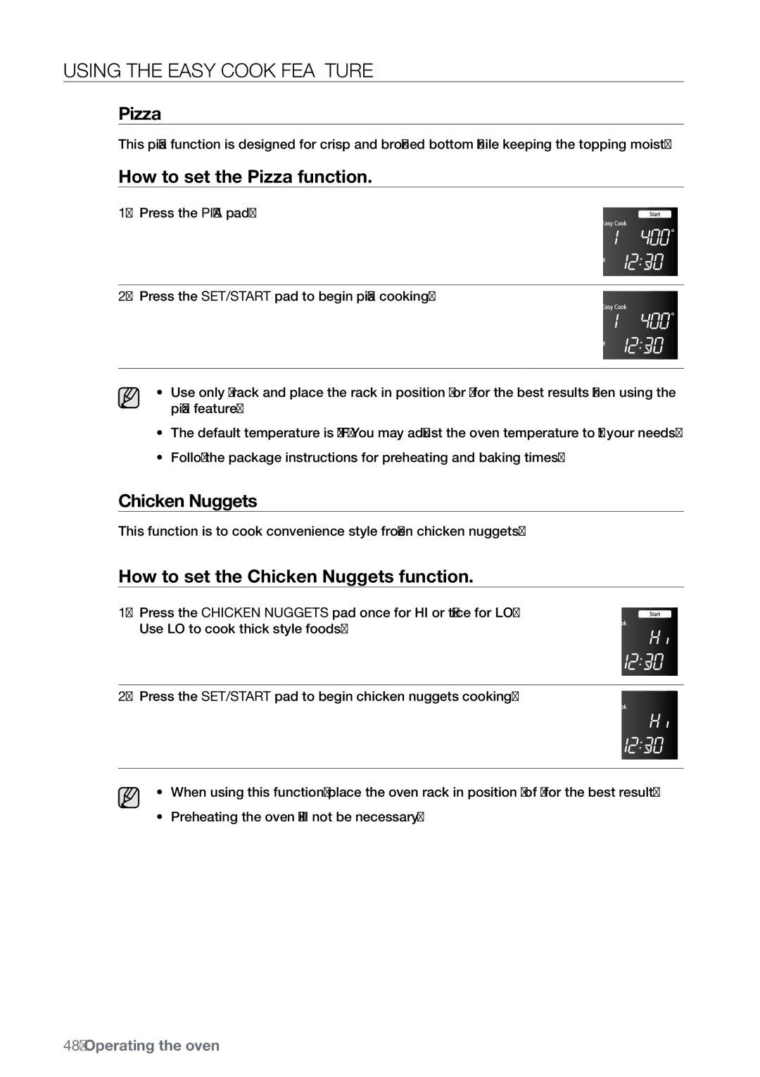 Samsung FE-N300** user manual Using the easy cook feature, How to set the Pizza function, Chicken Nuggets 