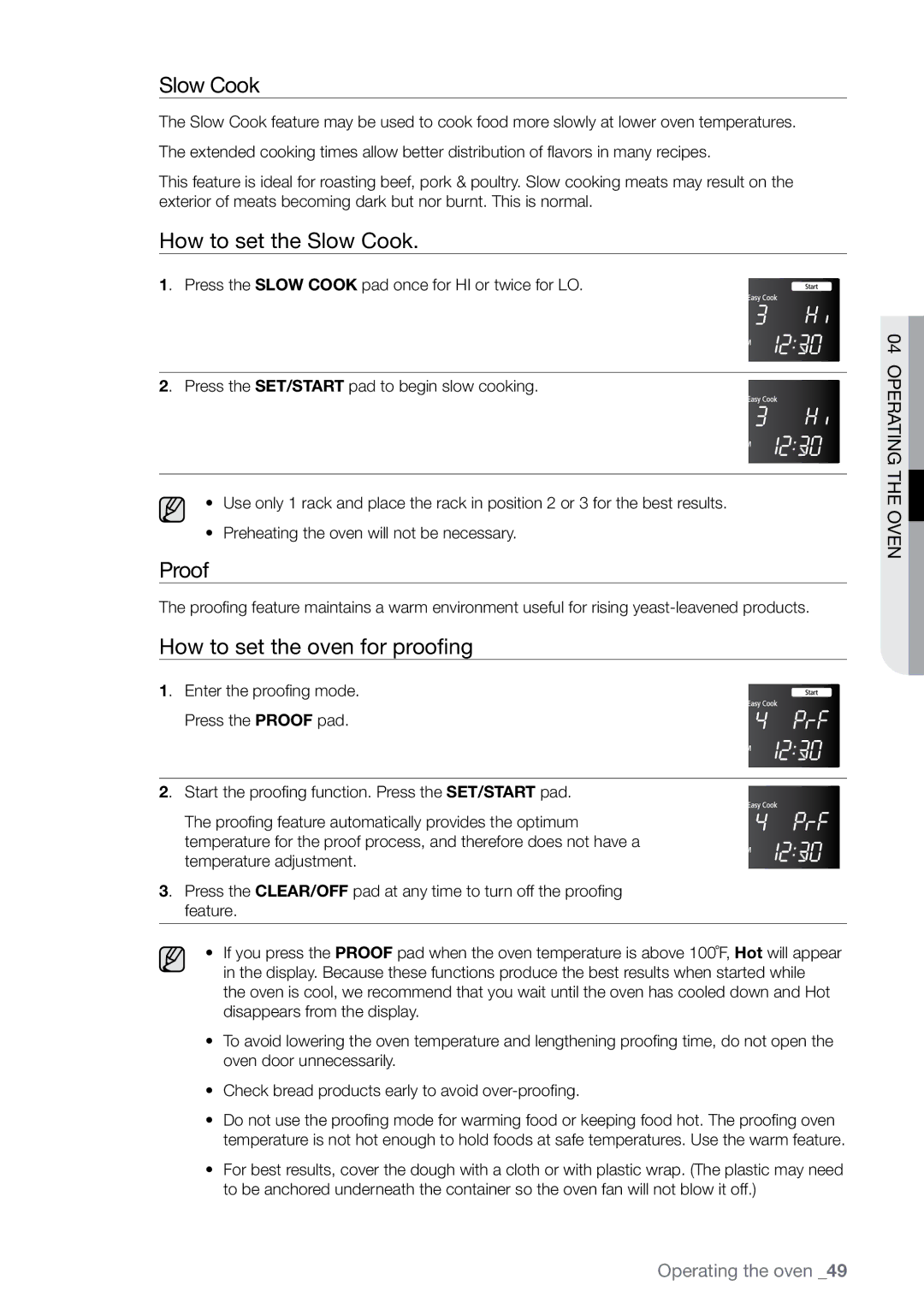 Samsung FE-N300** user manual How to set the Slow Cook, Proof, How to set the oven for proofing 