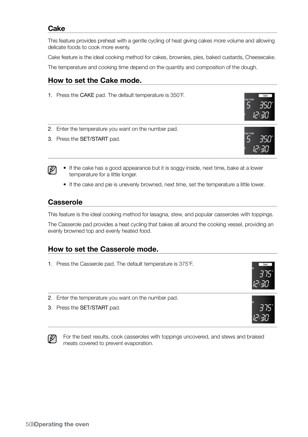 Samsung FE-N300** user manual How to set the Cake mode, How to set the Casserole mode 