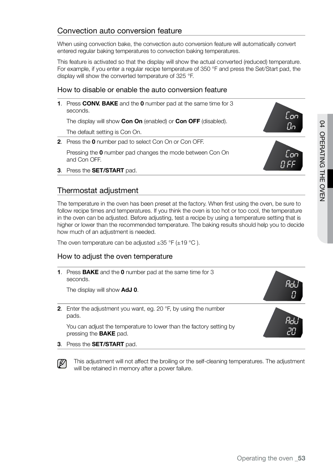 Samsung FE-N300** user manual Convection auto conversion feature, Thermostat adjustment 