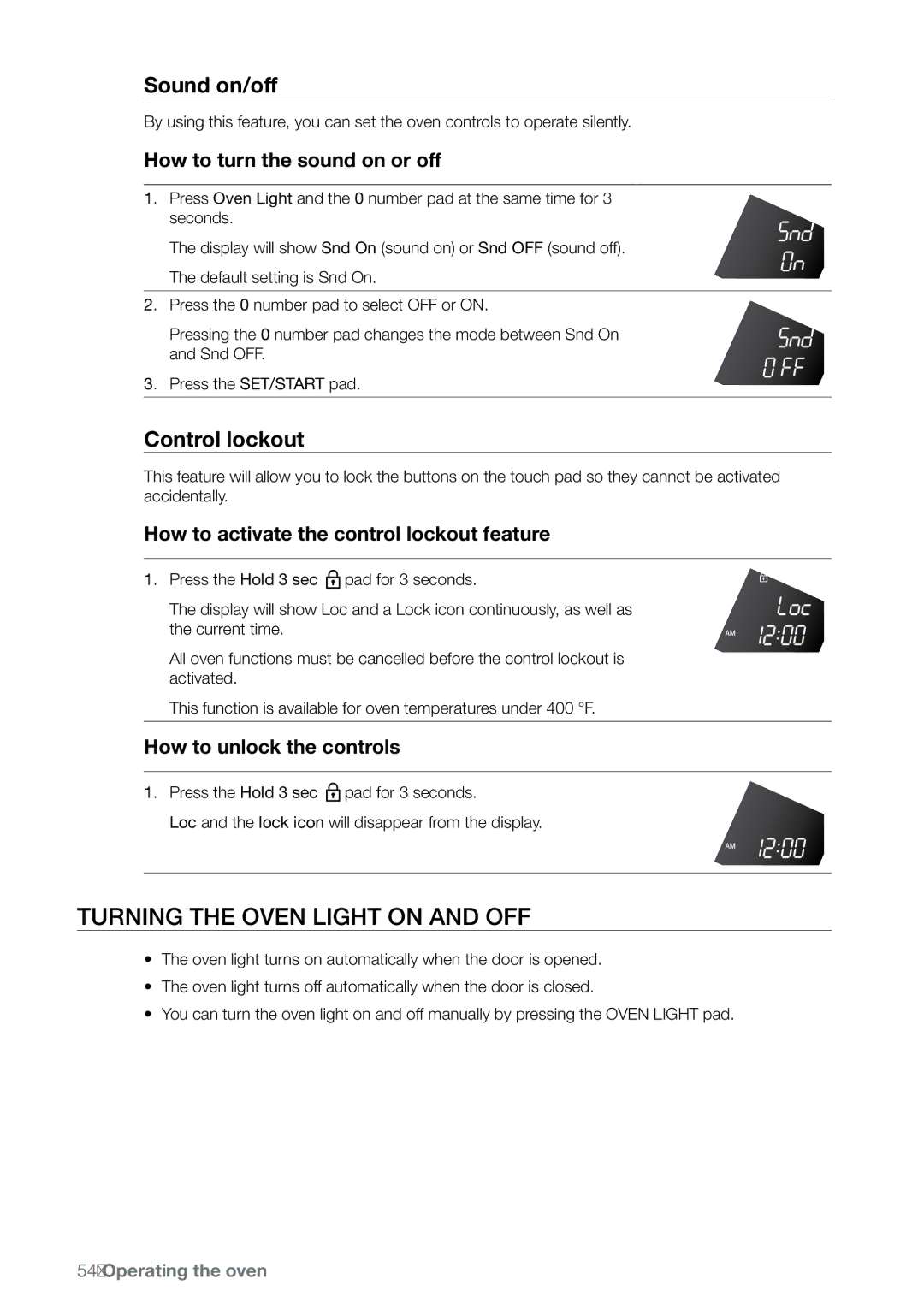 Samsung FE-N300** user manual Turning the oven light on and off, Sound on/off, Control lockout 