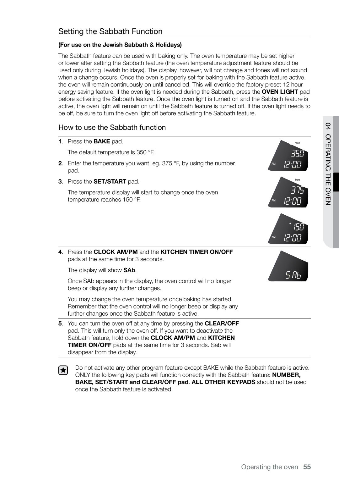 Samsung FE-N300** user manual Setting the Sabbath Function, For use on the Jewish Sabbath & Holidays 