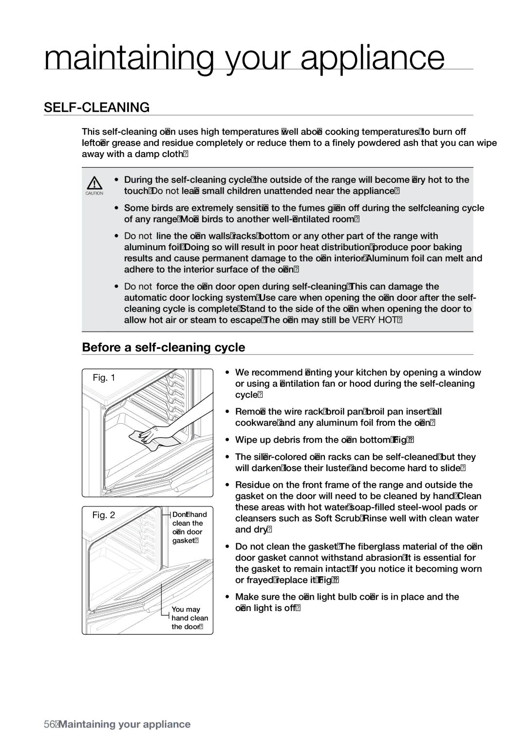 Samsung FE-N300** user manual Maintaining your appliance, Self-cleaning, Before a self-cleaning cycle 