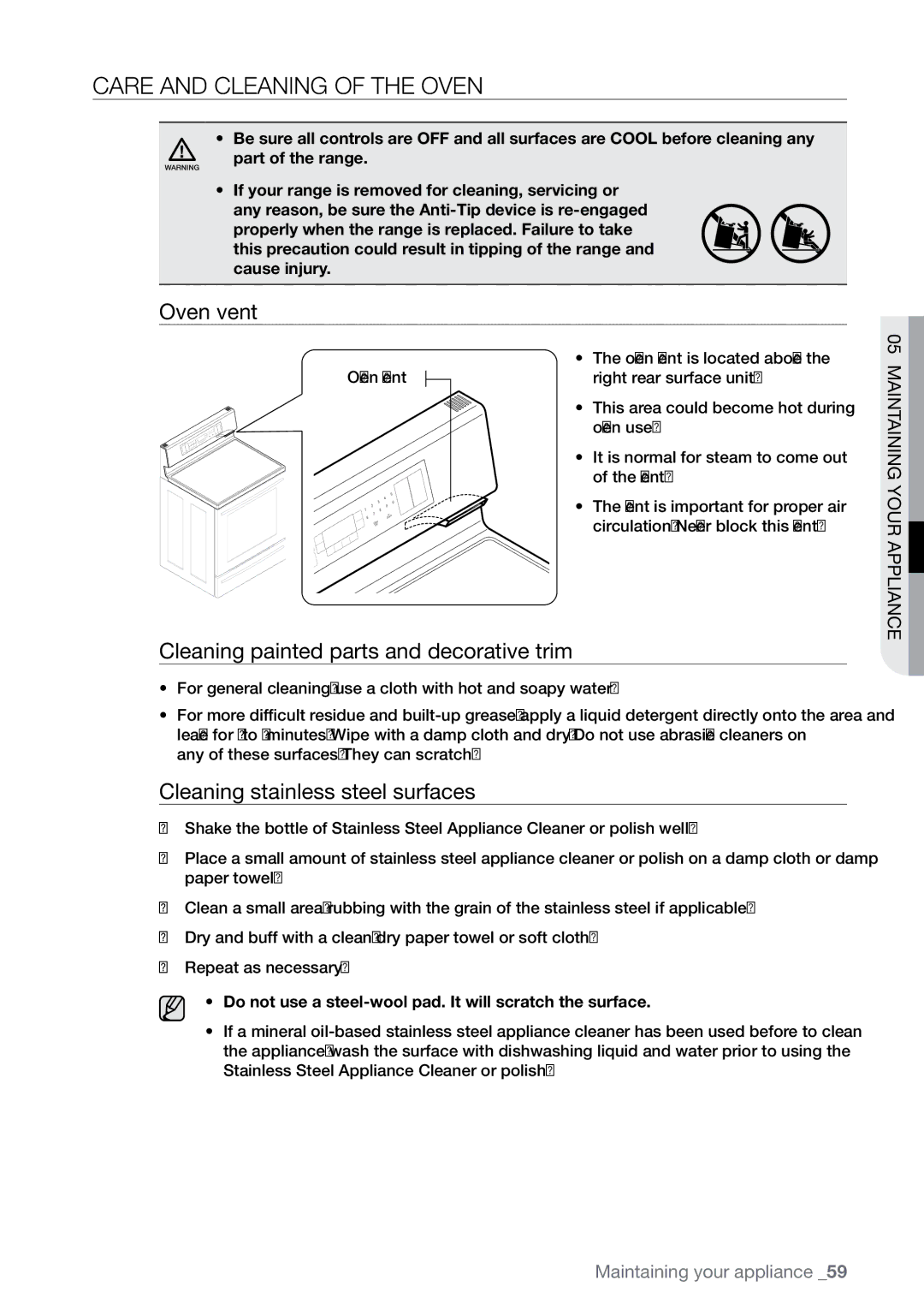 Samsung FE-N300** user manual Care and cleaning of the oven, Oven vent, Cleaning painted parts and decorative trim 