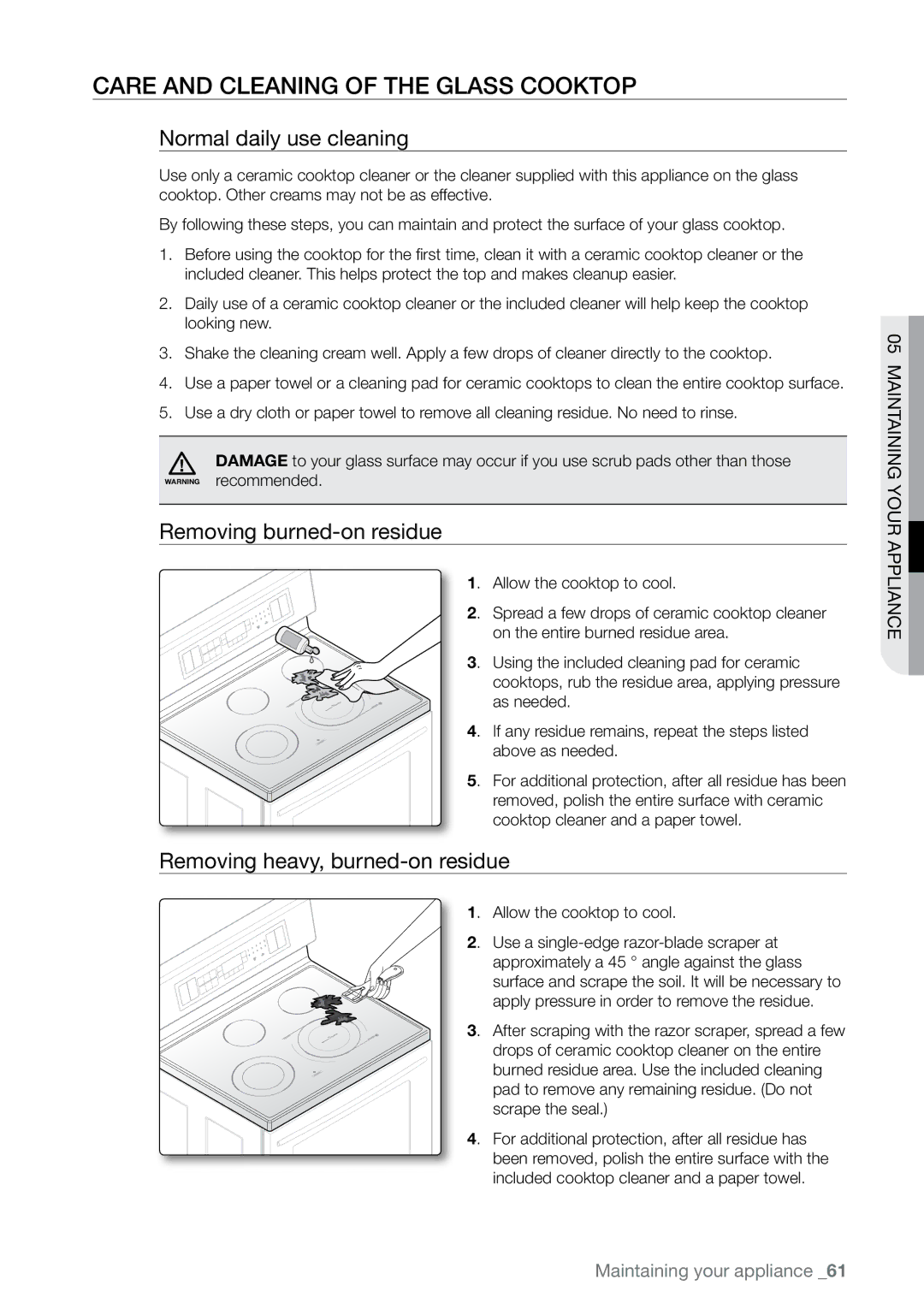 Samsung FE-N300** user manual Care and cleaning of the glass cooktop, Normal daily use cleaning, Removing burned-on residue 