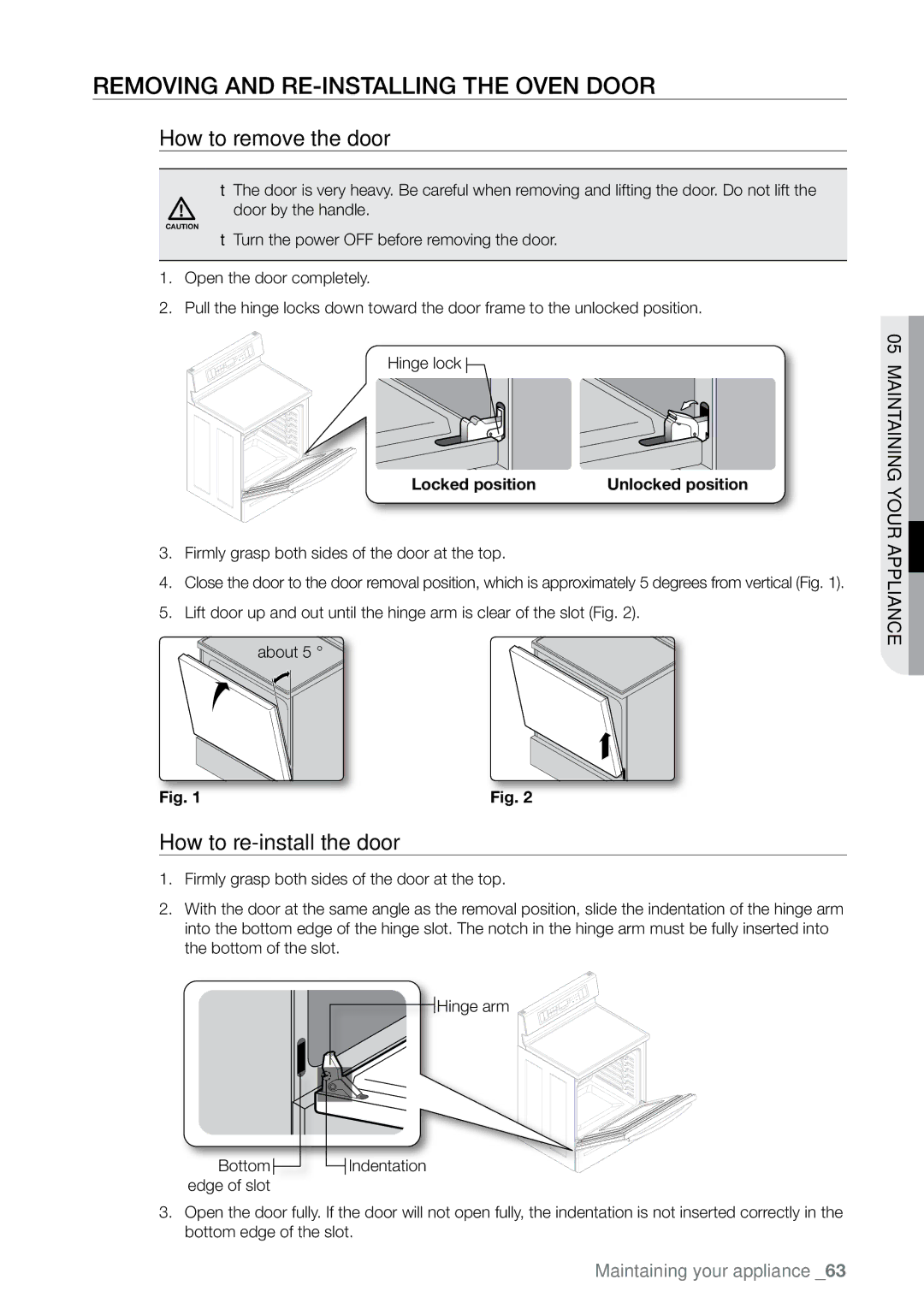 Samsung FE-N300** user manual Removing and re-installing the oven door, How to remove the door, How to re-install the door 