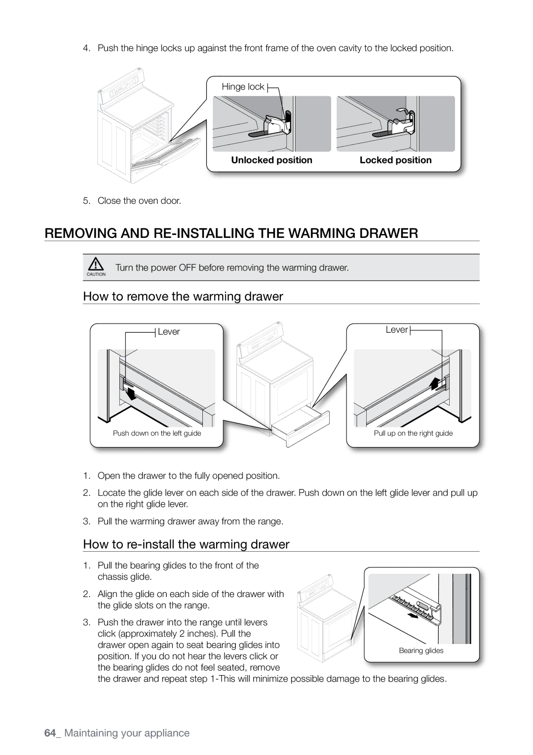 Samsung FE-N300** user manual Removing and re-installing the warming drawer, How to remove the warming drawer 