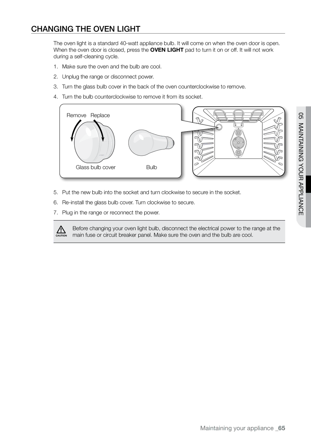 Samsung FE-N300** user manual Changing the oven light 