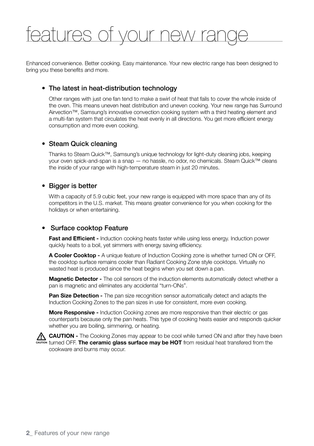 Samsung FE-N500** user manual Features of your new range, Latest in heat-distribution technology 