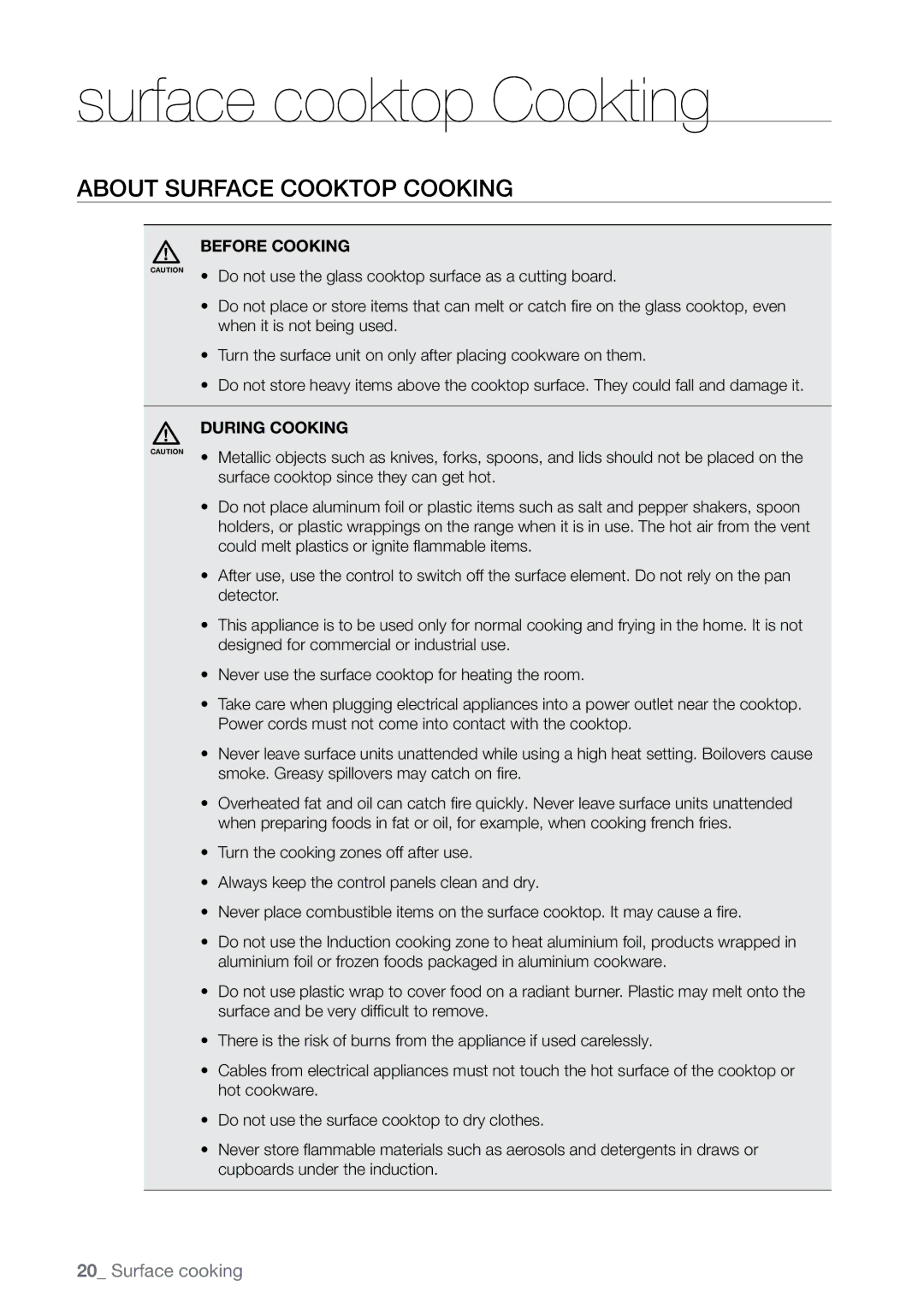 Samsung FE-N500** user manual Surface cooktop Cookting, About surface cooktop cooking, Before Cooking, During Cooking 