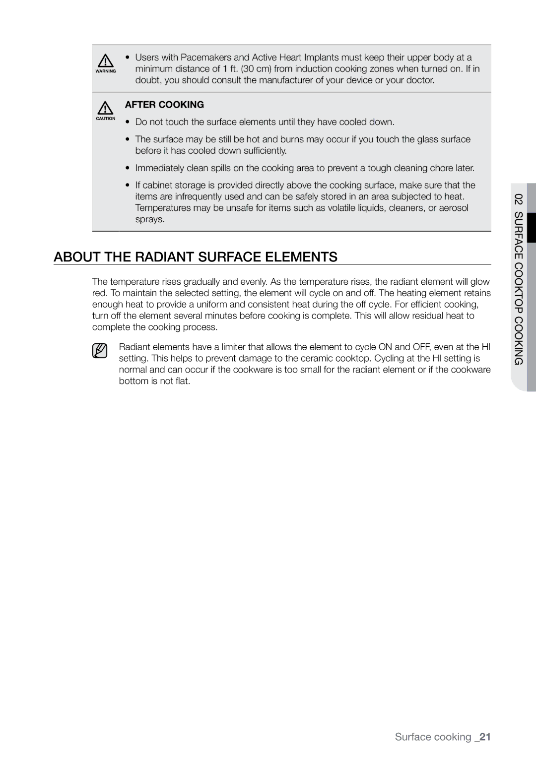 Samsung FE-N500** user manual About the radiant surface elements, After Cooking 