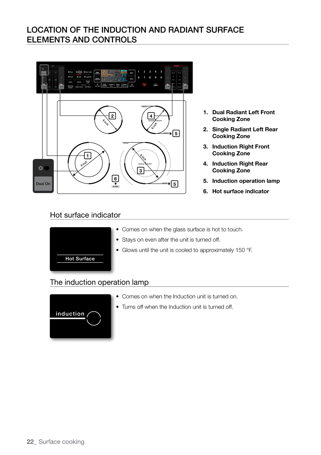 Samsung FE-N500** user manual Hot surface indicator, Induction operation lamp 