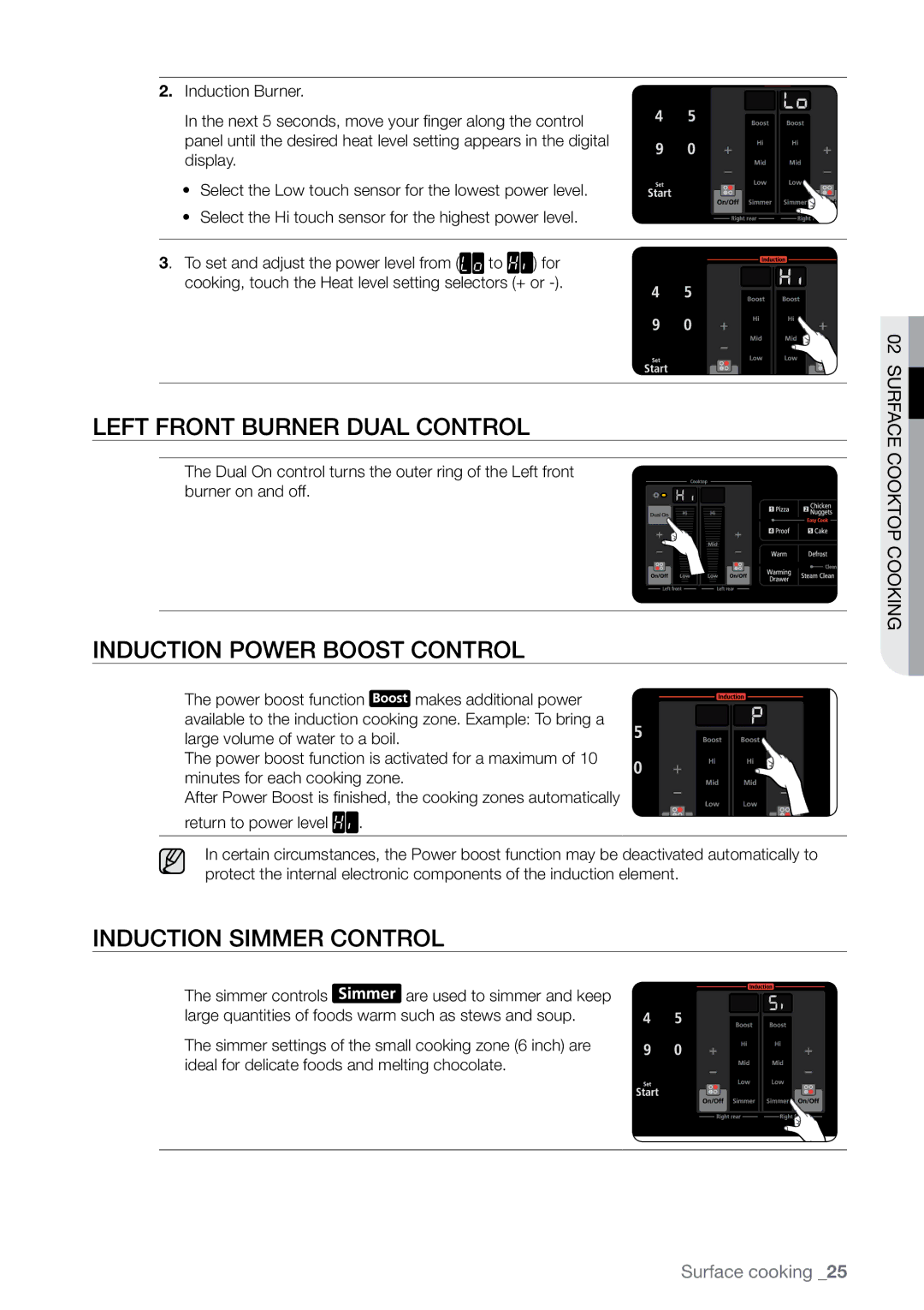 Samsung FE-N500** user manual Left front burner dual control, Induction power boost control, Induction simmer control 