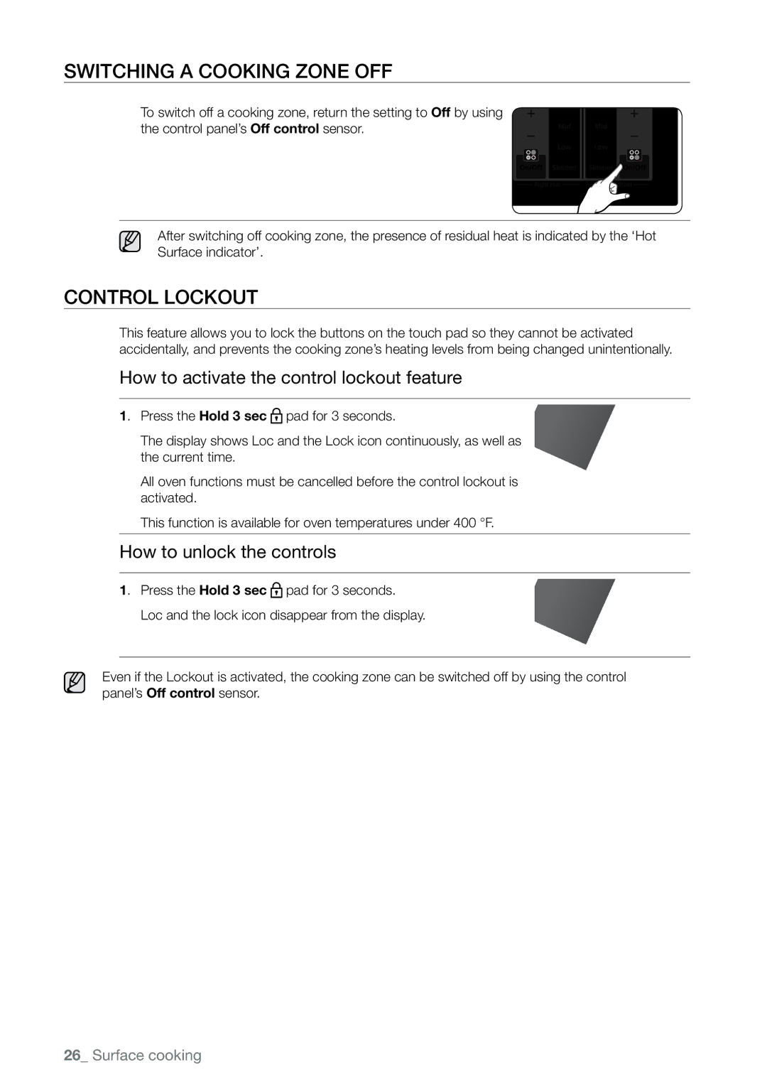 Samsung FE-N500** user manual Switching a cooking zone off, Control lockout, How to activate the control lockout feature 