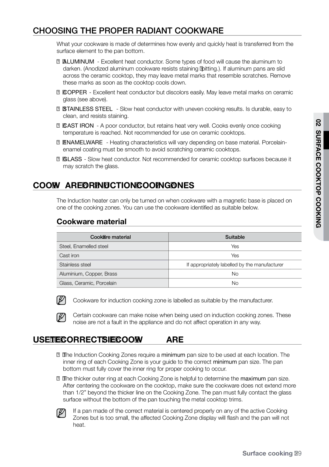 Samsung FE-N500** user manual Choosing the proper radiant cookware, Cookware for induction cooking zones, Cookware material 