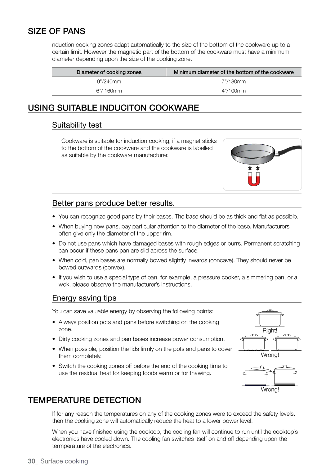 Samsung FE-N500** user manual Size of pans, Using suitable Induciton cookware, TEmperature detecTIon 