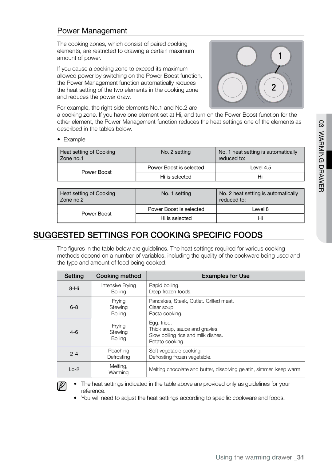 Samsung FE-N500** user manual Suggested settings for cooking specific foods, Power Management 