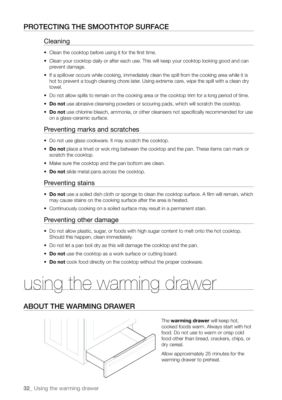 Samsung FE-N500** user manual Using the warming drawer, Protecting the smoothtop surface, About the warming drawer 