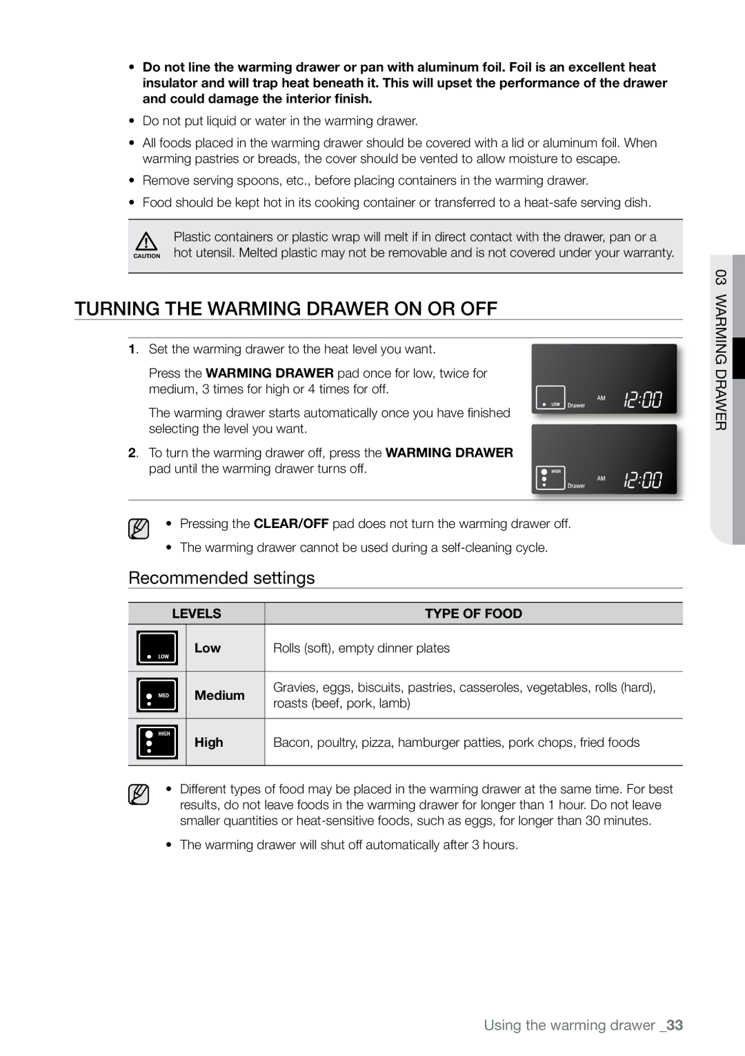 Samsung FE-N500** Turning the warming drawer on or off, Recommended settings, Levels Type of Food, Roasts beef, pork, lamb 