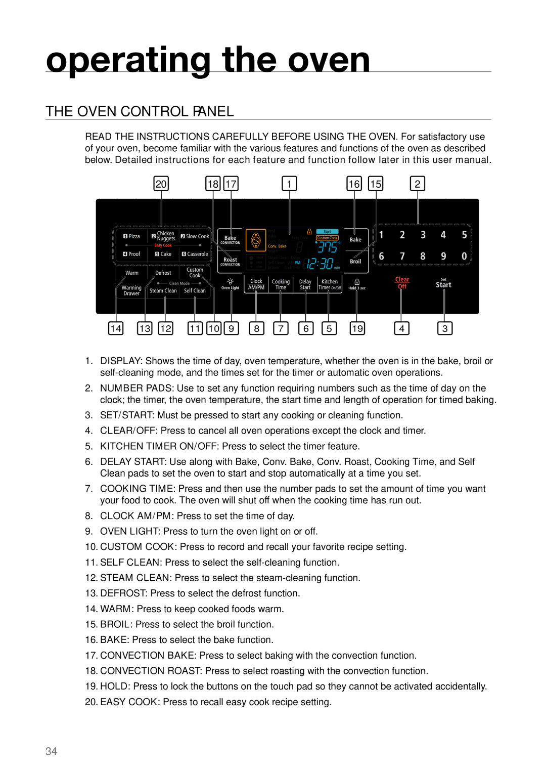 Samsung FE-N500** user manual Operating the oven, Oven control panel 