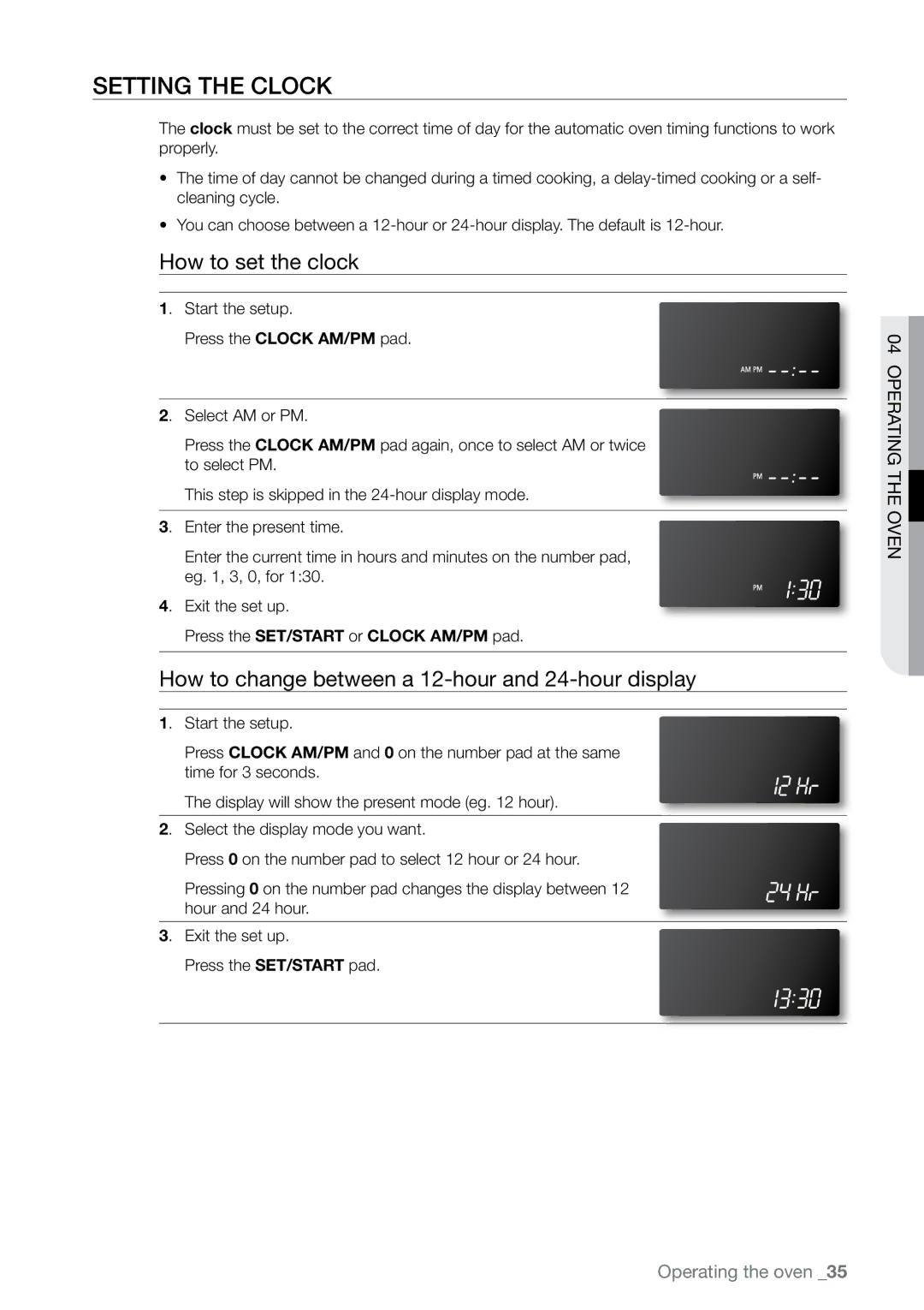 Samsung FE-N500** user manual Setting the clock, How to set the clock, How to change between a 12-hour and 24-hour display 