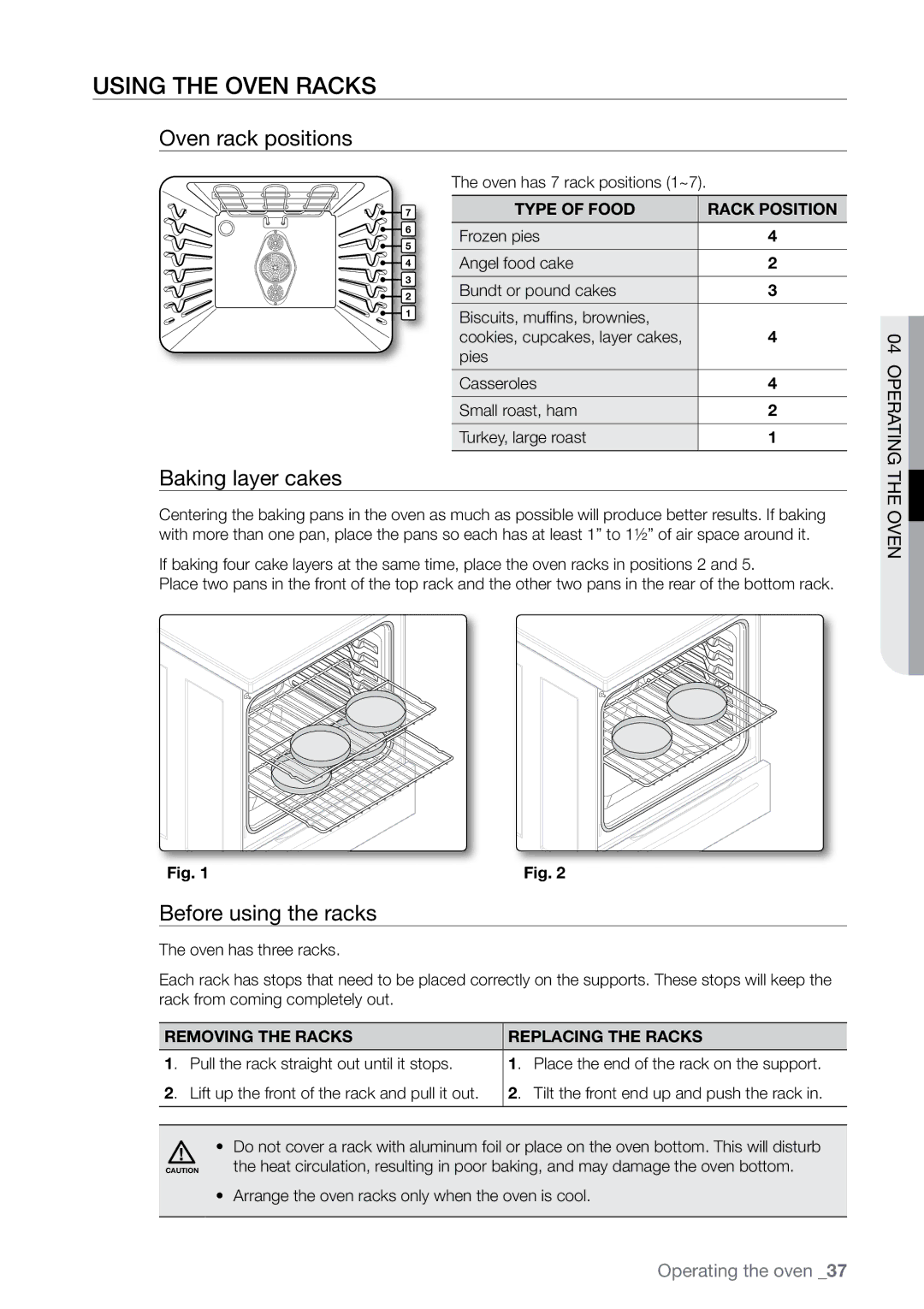 Samsung FE-N500** user manual Using the oven racks, Oven rack positions, Baking layer cakes, Before using the racks 