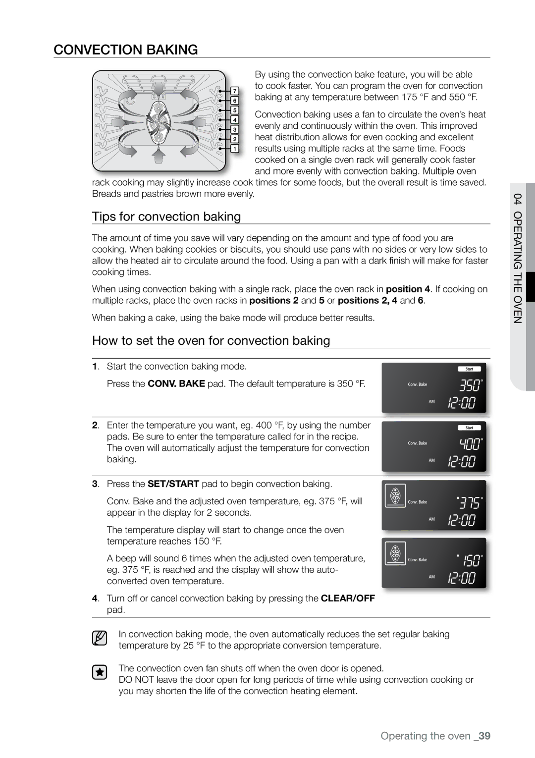 Samsung FE-N500** user manual Convection baking, Tips for convection baking, How to set the oven for convection baking 