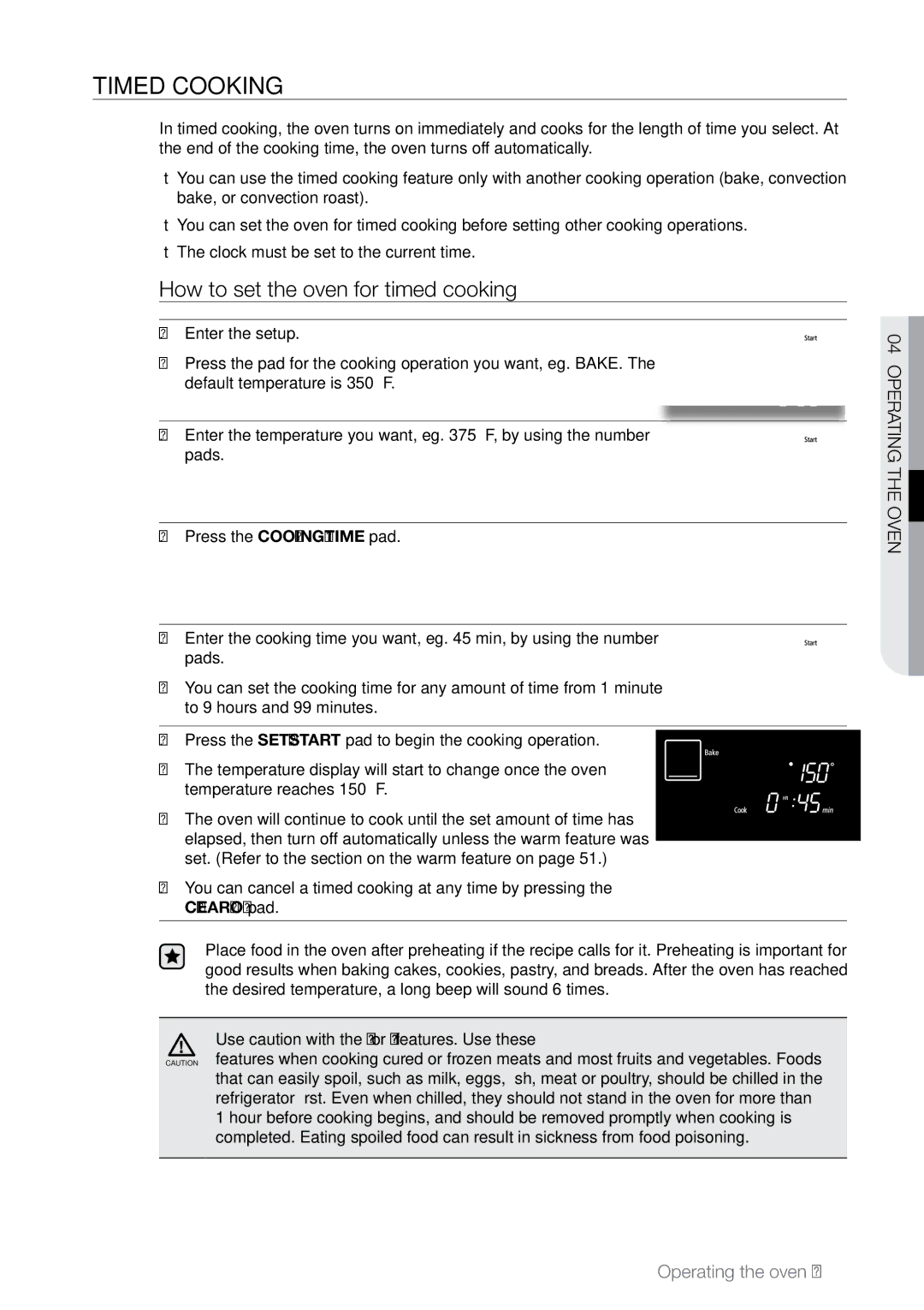 Samsung FE-N500** user manual Timed cooking, How to set the oven for timed cooking 