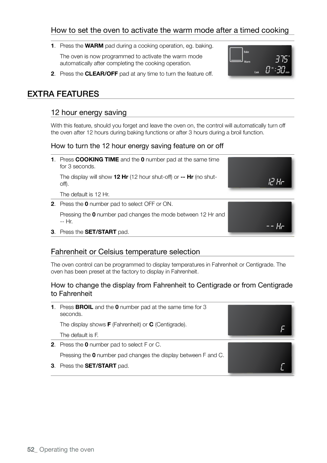 Samsung FE-N500** user manual Extra features, Hour energy saving, Fahrenheit or Celsius temperature selection 