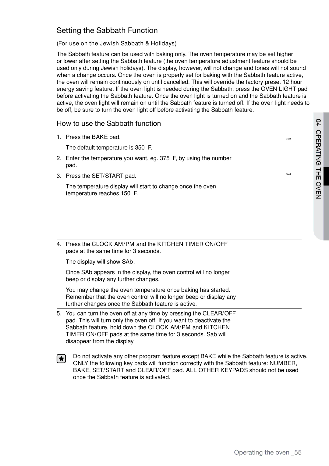 Samsung FE-N500** user manual Setting the Sabbath Function, For use on the Jewish Sabbath & Holidays 