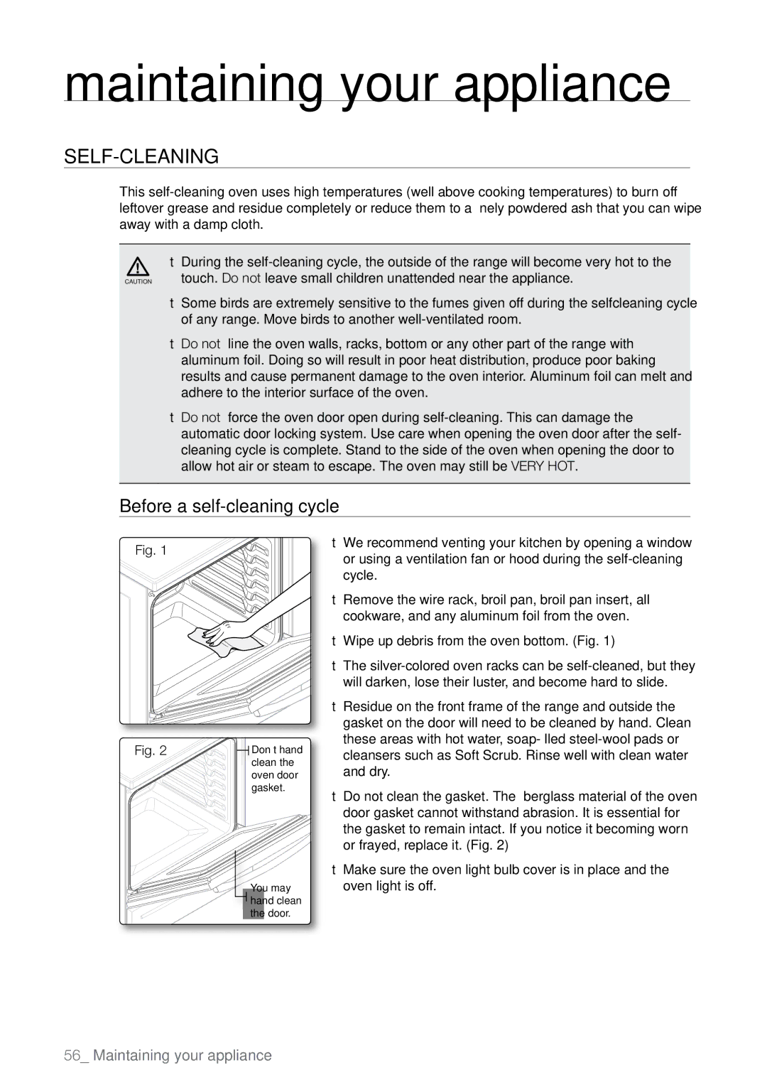 Samsung FE-N500** user manual Maintaining your appliance, Self-cleaning, Before a self-cleaning cycle 