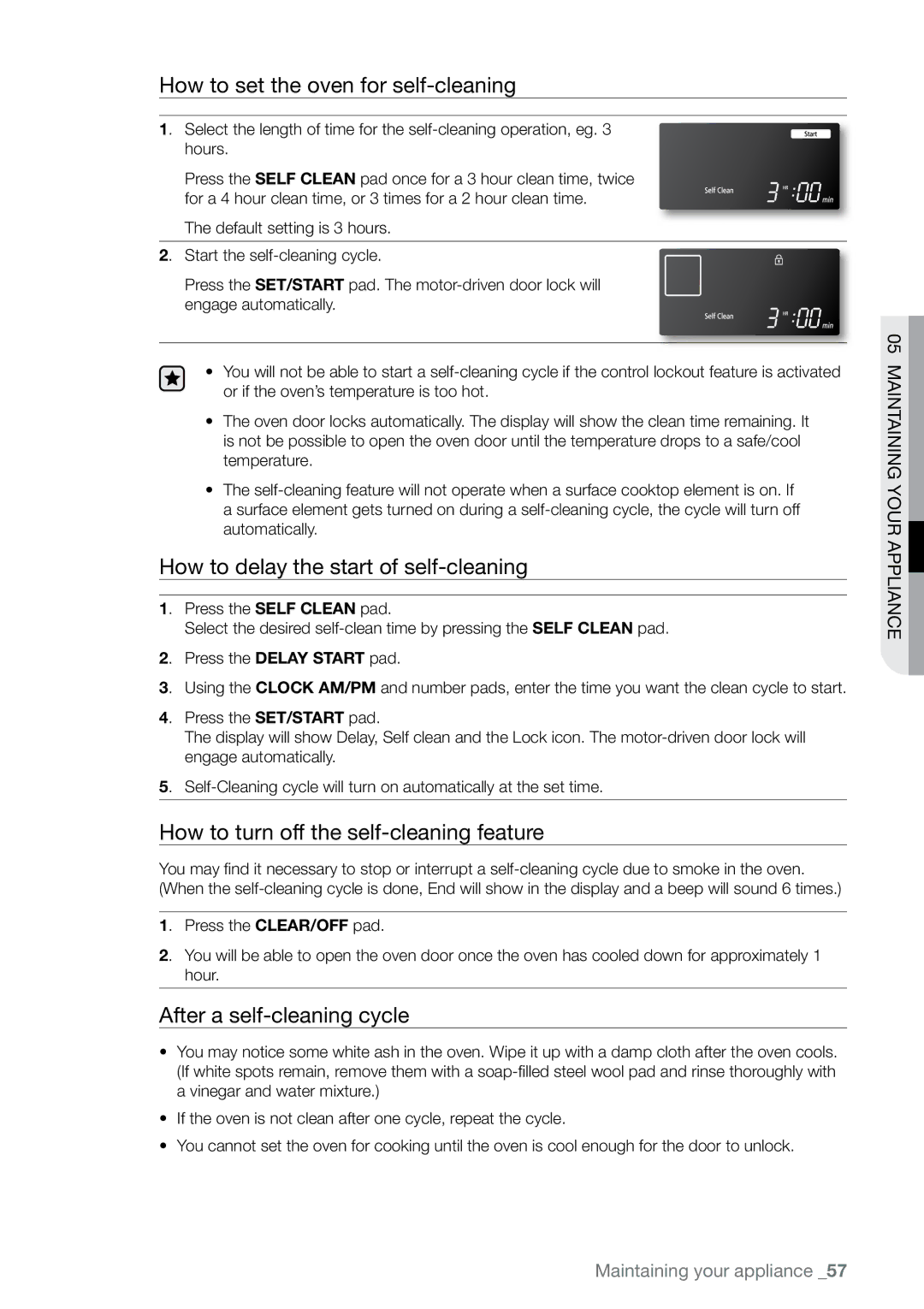 Samsung FE-N500** user manual How to set the oven for self-cleaning, How to delay the start of self-cleaning 