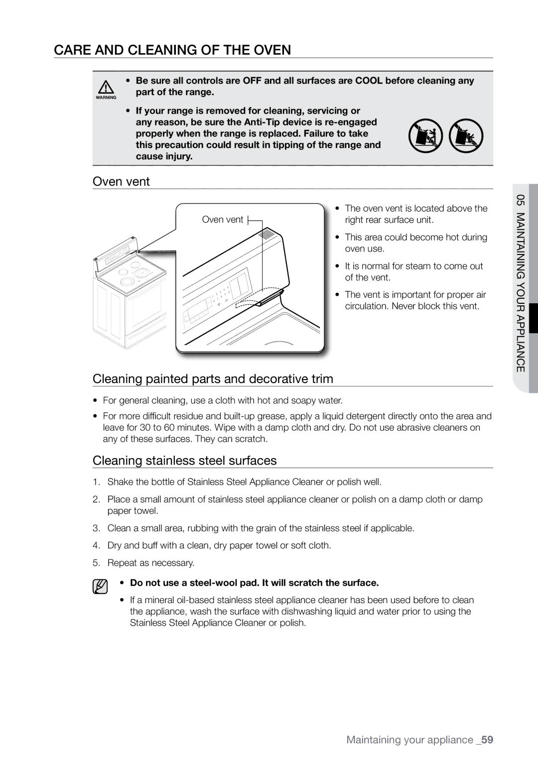 Samsung FE-N500** user manual Care and cleaning of the oven, Oven vent, Cleaning painted parts and decorative trim 