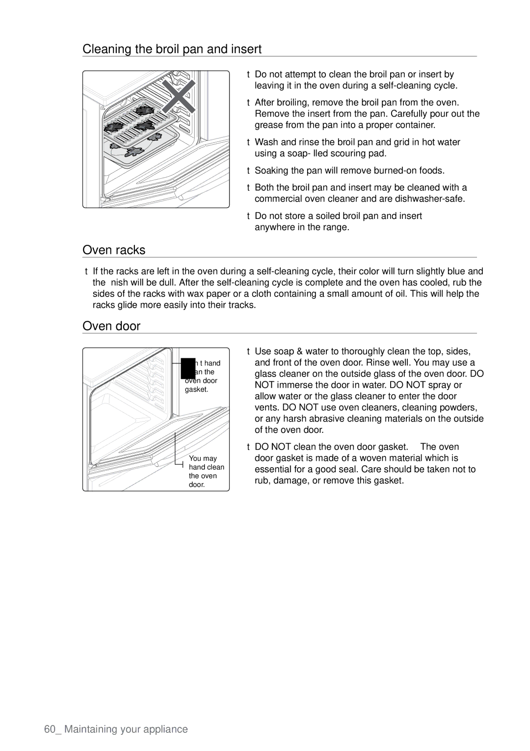 Samsung FE-N500** user manual Cleaning the broil pan and insert, Oven racks, Oven door 