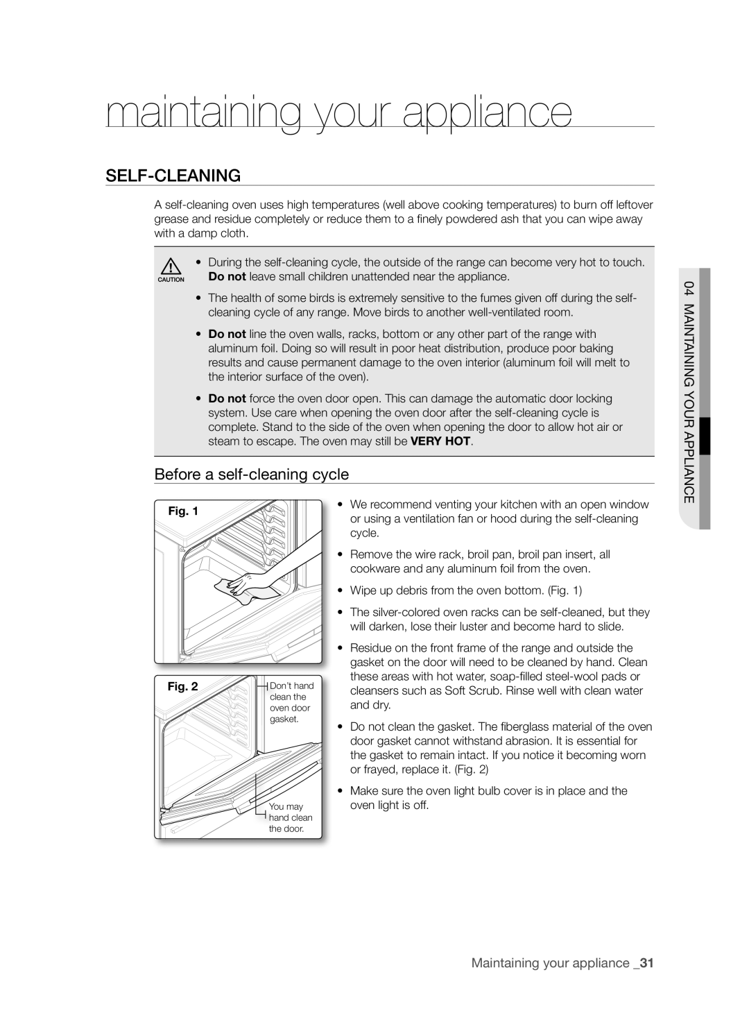 Samsung FE-R300SW, FE-R300SX, FE-R300SB, FER300 Maintaining your appliance, Self-cleaning, Before a self-cleaning cycle 