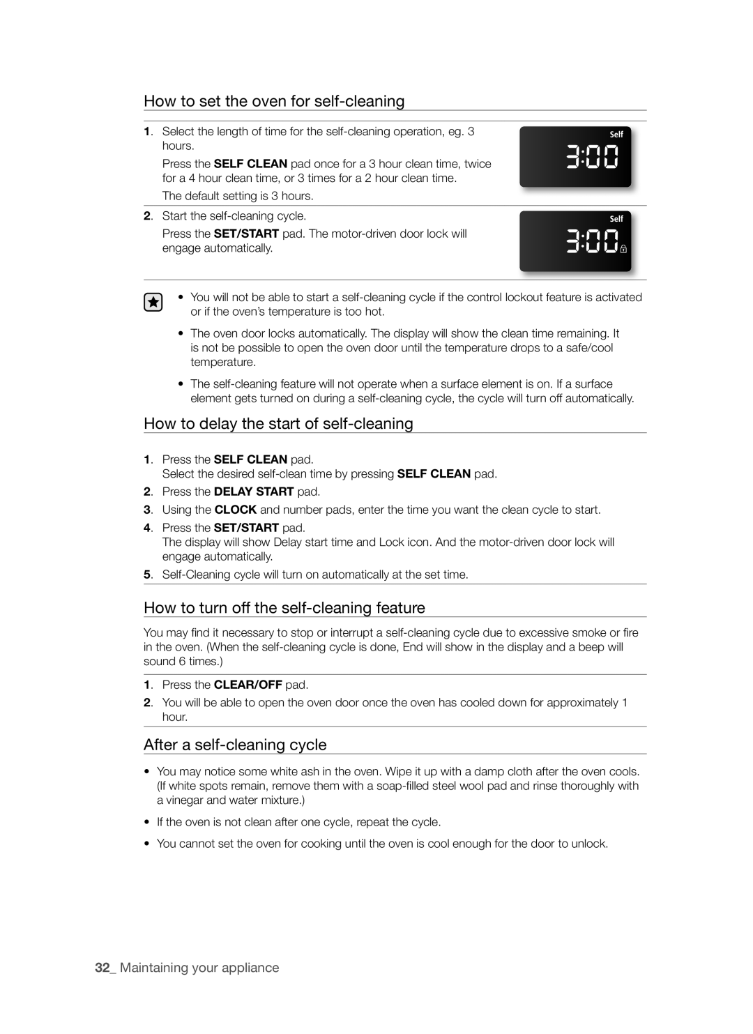 Samsung FE-R300SX, FE-R300SB, FER300 How to set the oven for self-cleaning, How to delay the start of self-cleaning 