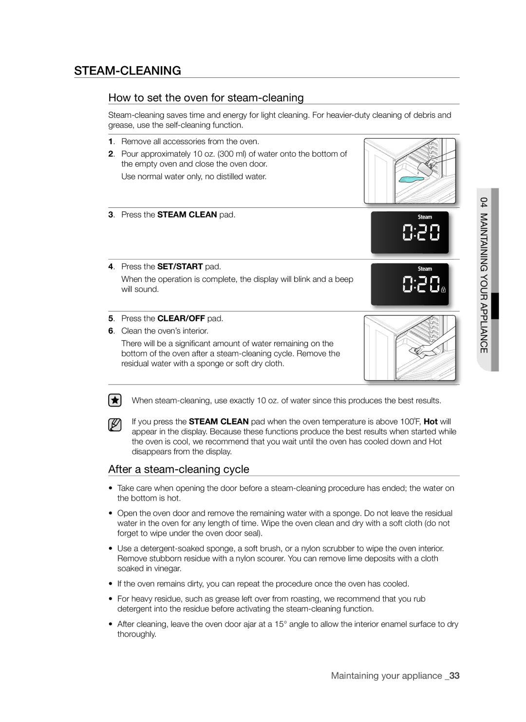 Samsung FE-R300SB, FE-R300SX, FER300 Steam-cleaning, How to set the oven for steam-cleaning, After a steam-cleaning cycle 