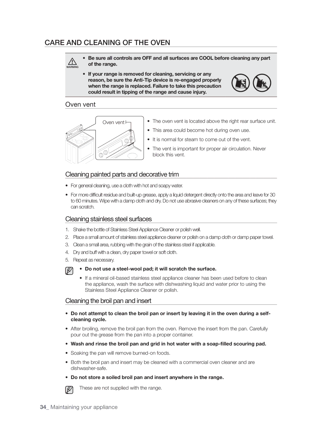 Samsung FER300, FE-R300SX, FE-R300SB Care and cleaning of the oven, Oven vent, Cleaning painted parts and decorative trim 