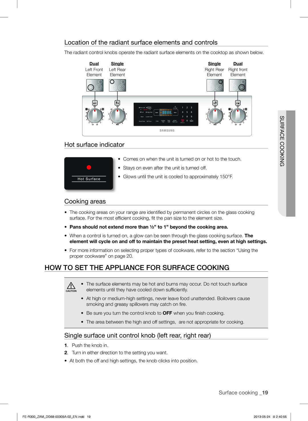 Samsung FE-R300SW/ZAM HOW to SET the Appliance for Surface Cooking, Location of the radiant surface elements and controls 