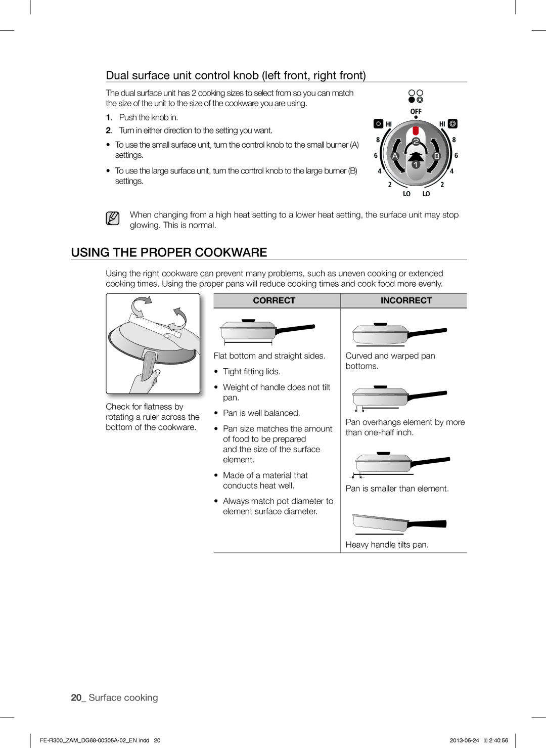 Samsung FE-R300SX/ZAM, FE-R300SW/ZAM Using the Proper Cookware, Dual surface unit control knob left front, right front 